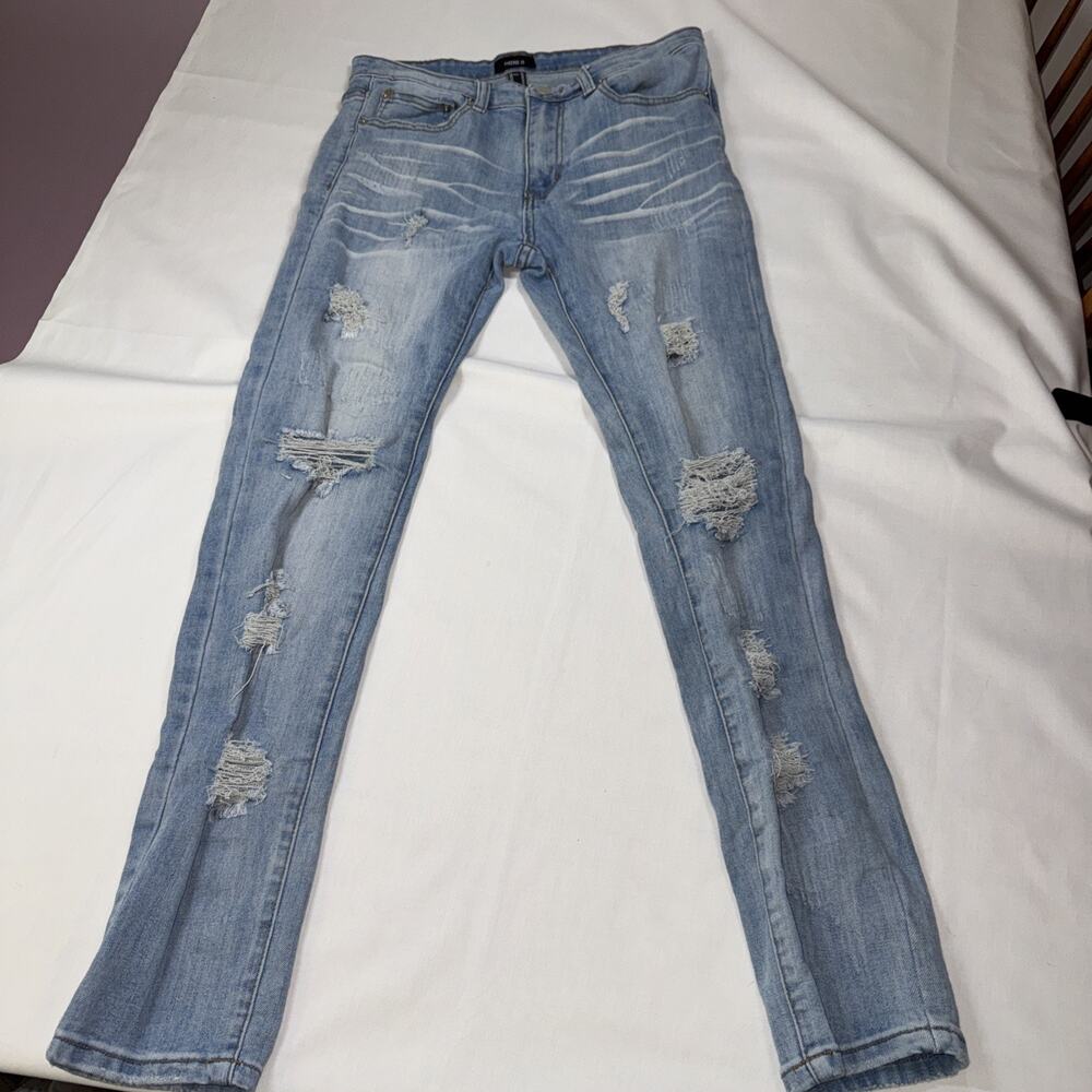 Forever 21 Distressed Light Wash Denim Skinny Slim Fit Mid Rise Jeans Mens 32